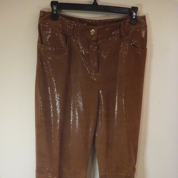 St. John 10 Leather Pant Silk Lining Trousers Snake Metallic Shiny Cognac Runway - Picture 8 of 15